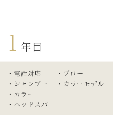 1年目　電話対応・ブロー・シャンプー・カラーモデル・カラー・ヘッドスパ